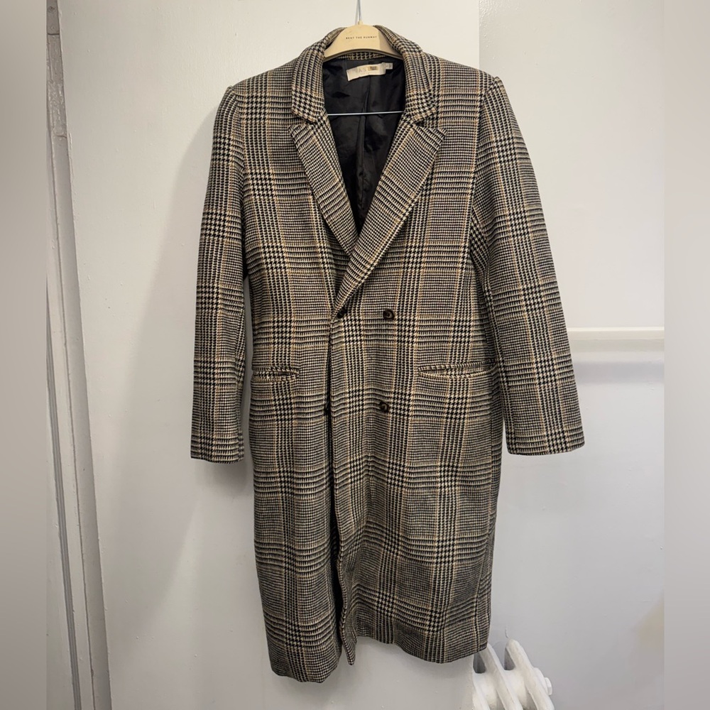 Astr Plaid Pea Coat in Black and Tan
